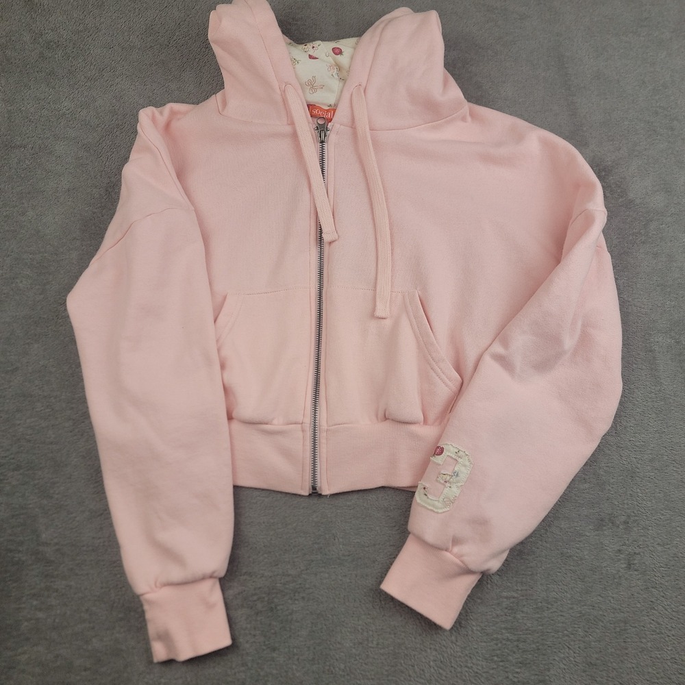 Social Scene Womens Pink Cropped Zip Up Hoodie Floral Strawberry Applique M